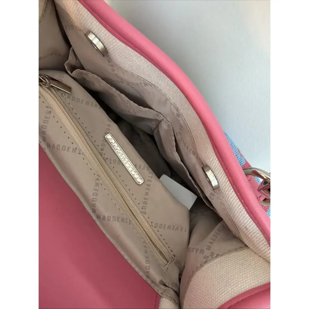 Steve Madden Cream Pink Blue Tik Tok Canvas Tote Bag Crossbody Purse BWEBBER